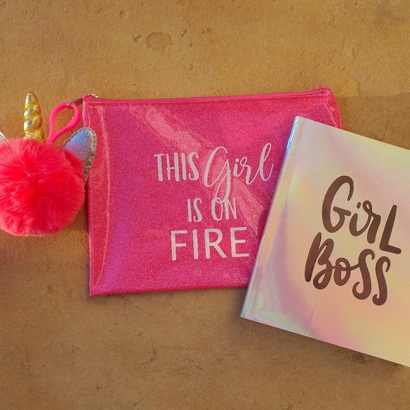 Glitter Hot Pink Girl Boss Unicorn Pom-Pom Journal & Pencil/Makeup Pouch Set - Picture 2 of 8